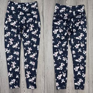 Beyond Yoga Size L Blue Floral High Rise Satin Pullon Activewear Leggings Yoga